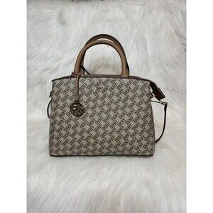 DKNY Monogram Satchel Brown Tan Logo Print Shoulder Bag Crossbody Y2K